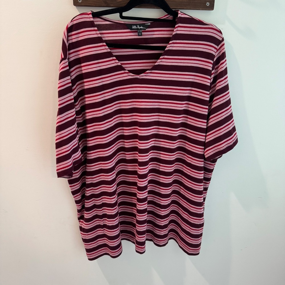 Ulla Popken‎ Womens Plus Size 28/30 Striped V-Neck Cotton T-Shirt Burgundy Pink